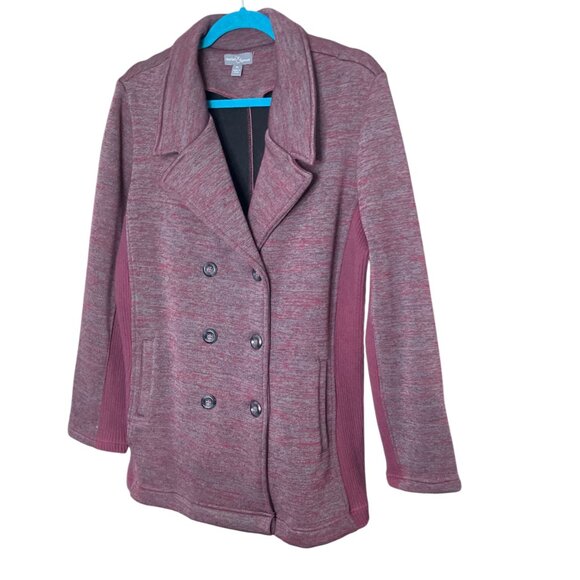 Market & Spruce XL Stitch Fix Gray Maroon Fleece Lined Double Breasted Pea Coat - Picture 2 of 5